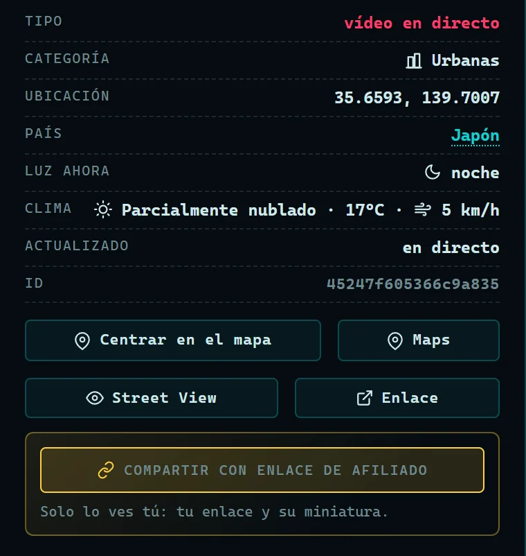 La ficha de una cámara en directo de Tokio en el mapa, con el botón Compartir con enlace de afiliado