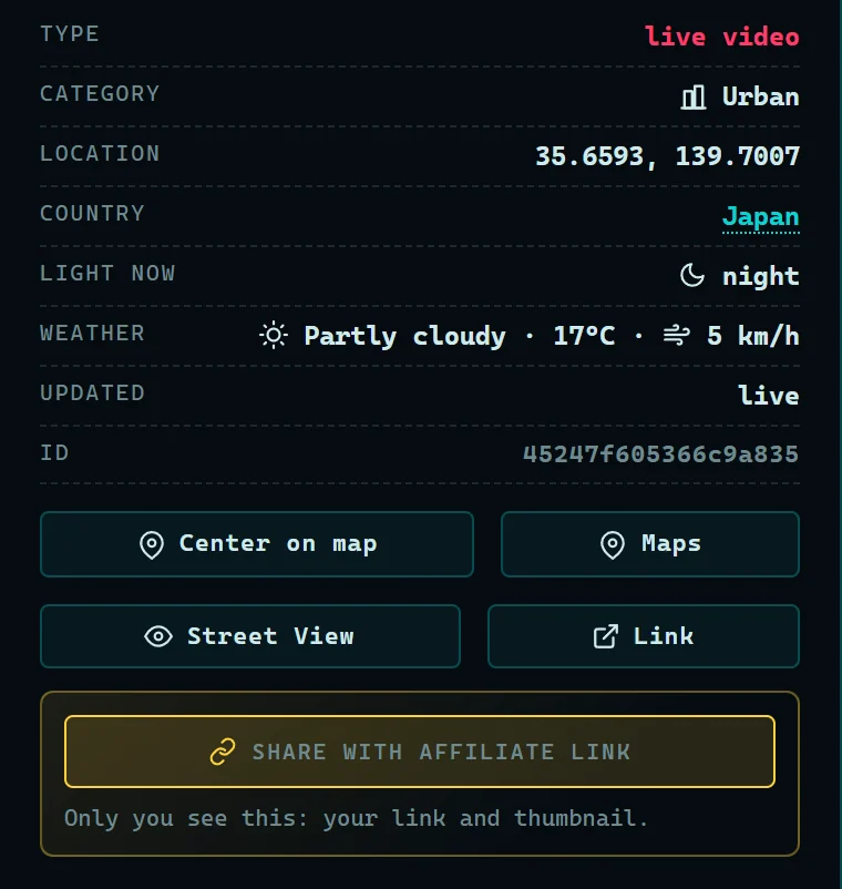 The card of a live camera in Tokyo on the map, with the Share with affiliate link button