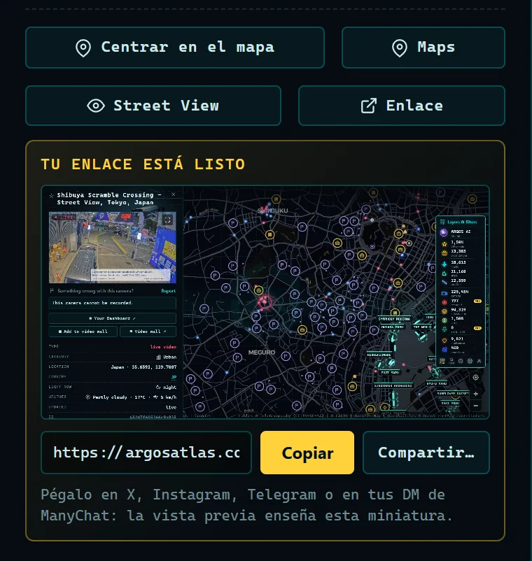 Tu enlace está listo: la miniatura de esa ficha, el enlace, Copiar y Compartir