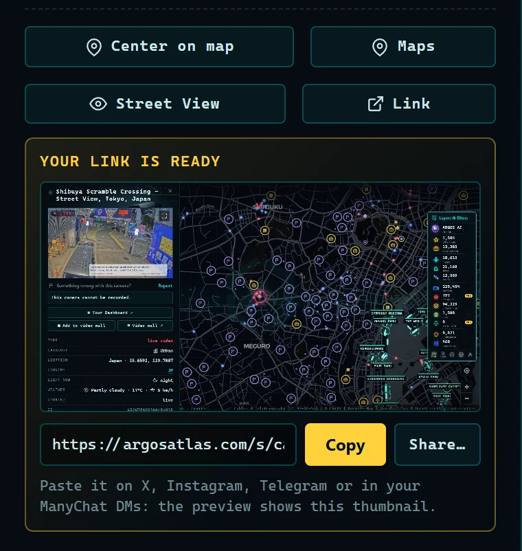 Your link is ready: the thumbnail of that card, the link, Copy and Share