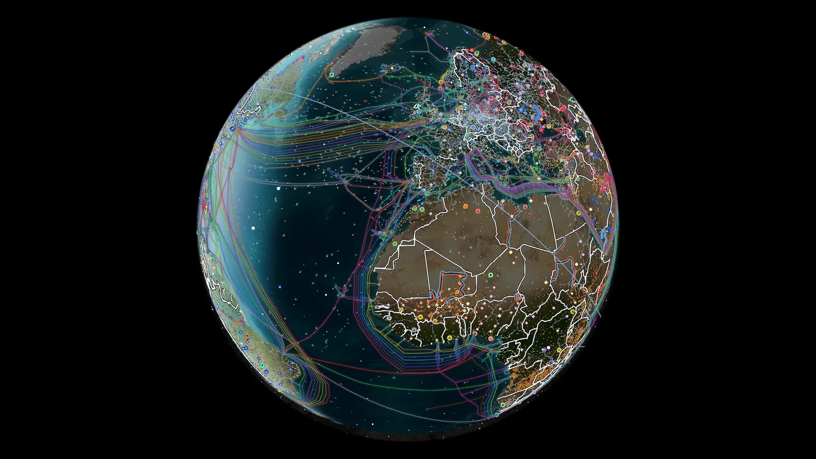 El globo de ARGOS ATLAS con todas las capas en vivo: vuelos, barcos, cámaras, cables submarinos y conflicto