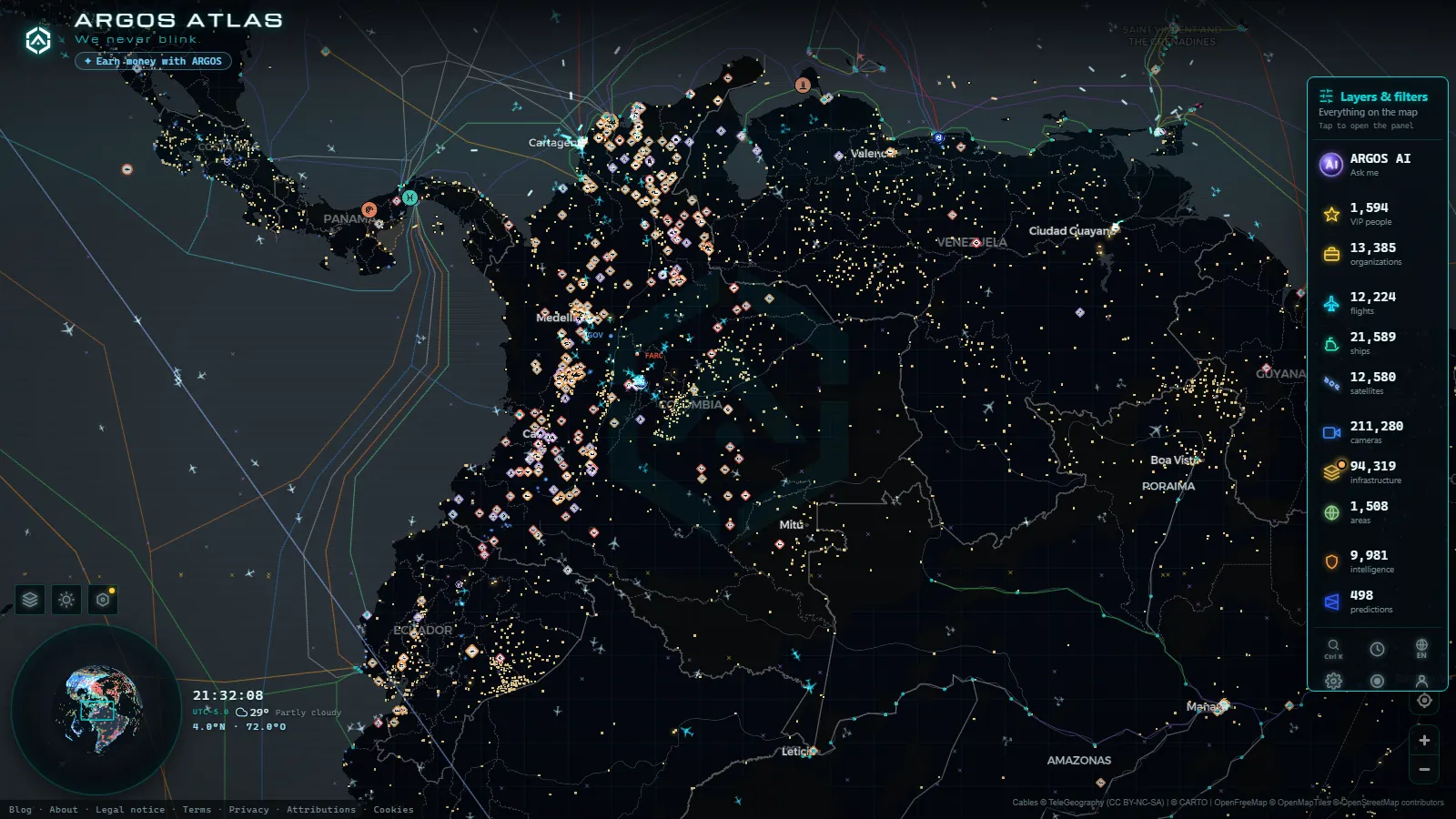 The ARGOS ATLAS live map over Colombia
