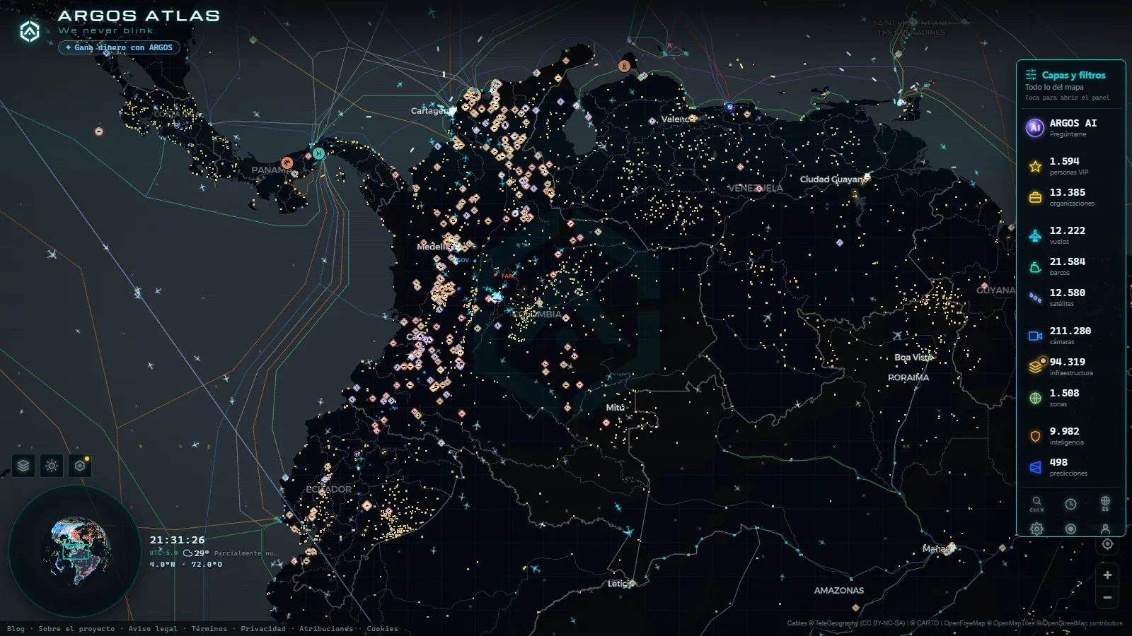 El mapa en vivo de ARGOS ATLAS sobre Colombia