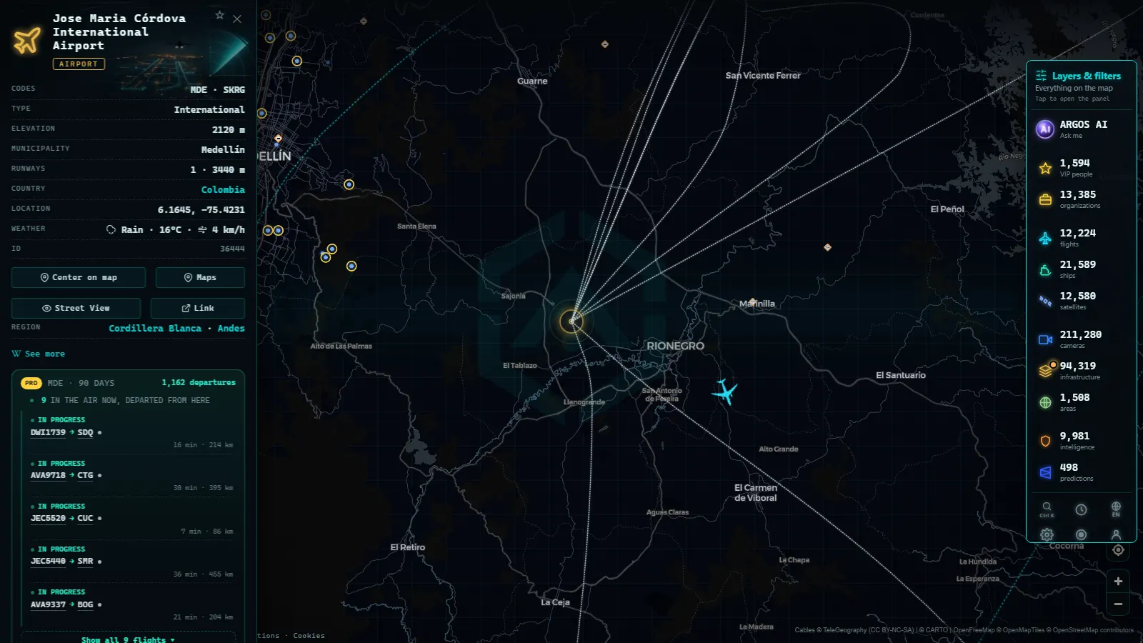 Detail card of Jose Maria Córdova International Airport (Airport) on the ARGOS ATLAS map