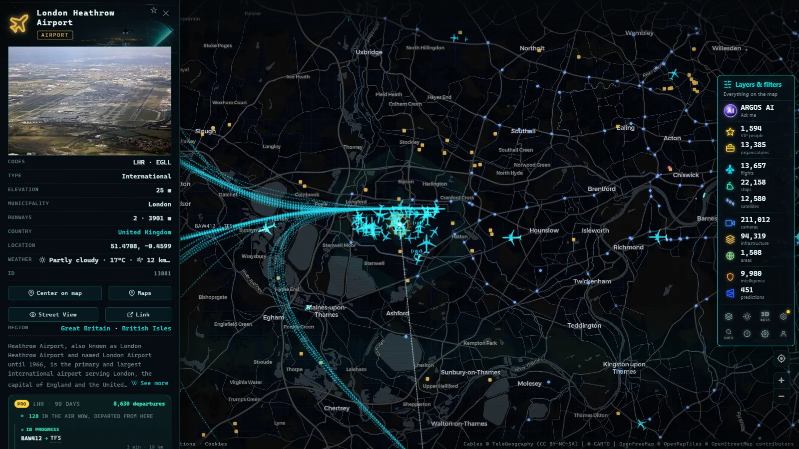 Detail card of London Heathrow Airport (Airport) on the ARGOS ATLAS map