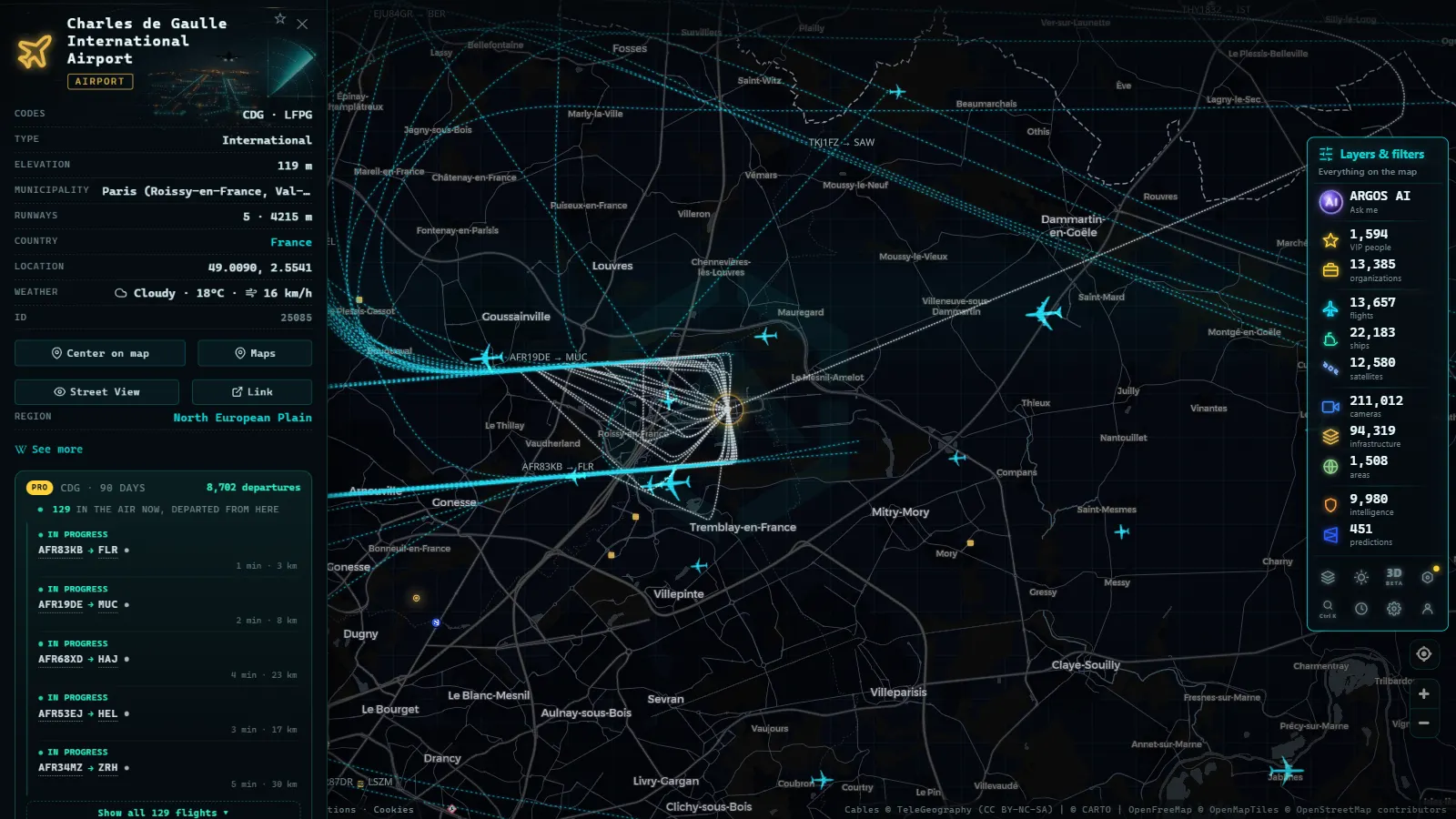 Detail card of Charles de Gaulle International Airport (Airport) on the ARGOS ATLAS map