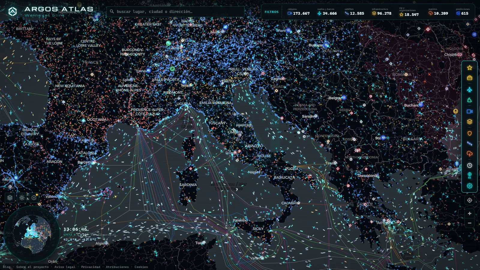 El mapa en vivo de ARGOS ATLAS sobre Italia