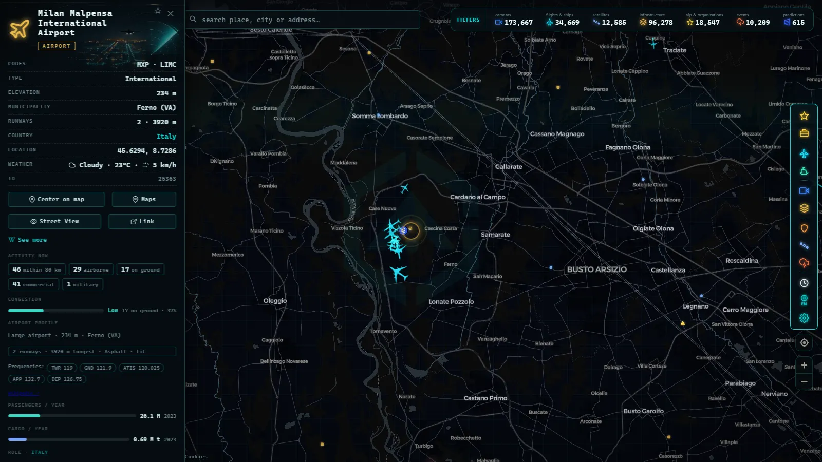 Detail card of Milan Malpensa International Airport (Airport) on the ARGOS ATLAS map