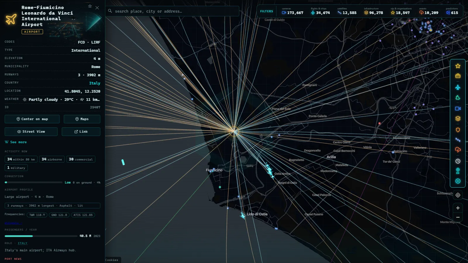 Detail card of Rome–Fiumicino Leonardo da Vinci International Airport (Airport) on the ARGOS ATLAS map