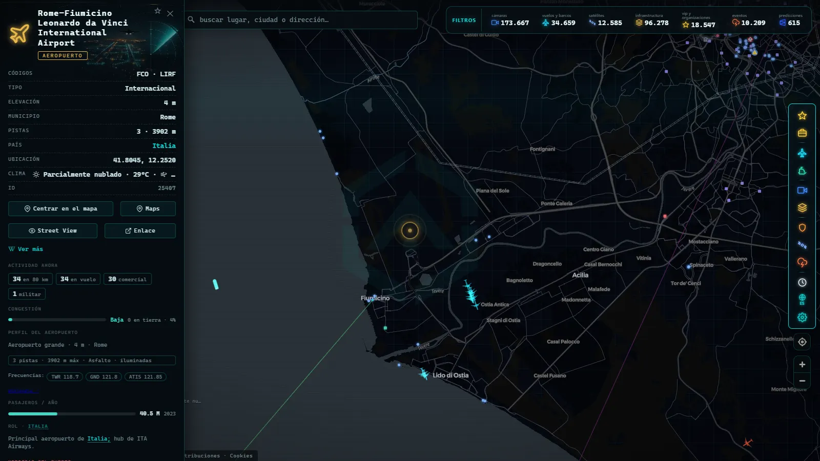 Ficha de Rome–Fiumicino Leonardo da Vinci International Airport (Aeropuerto) en el mapa de ARGOS ATLAS