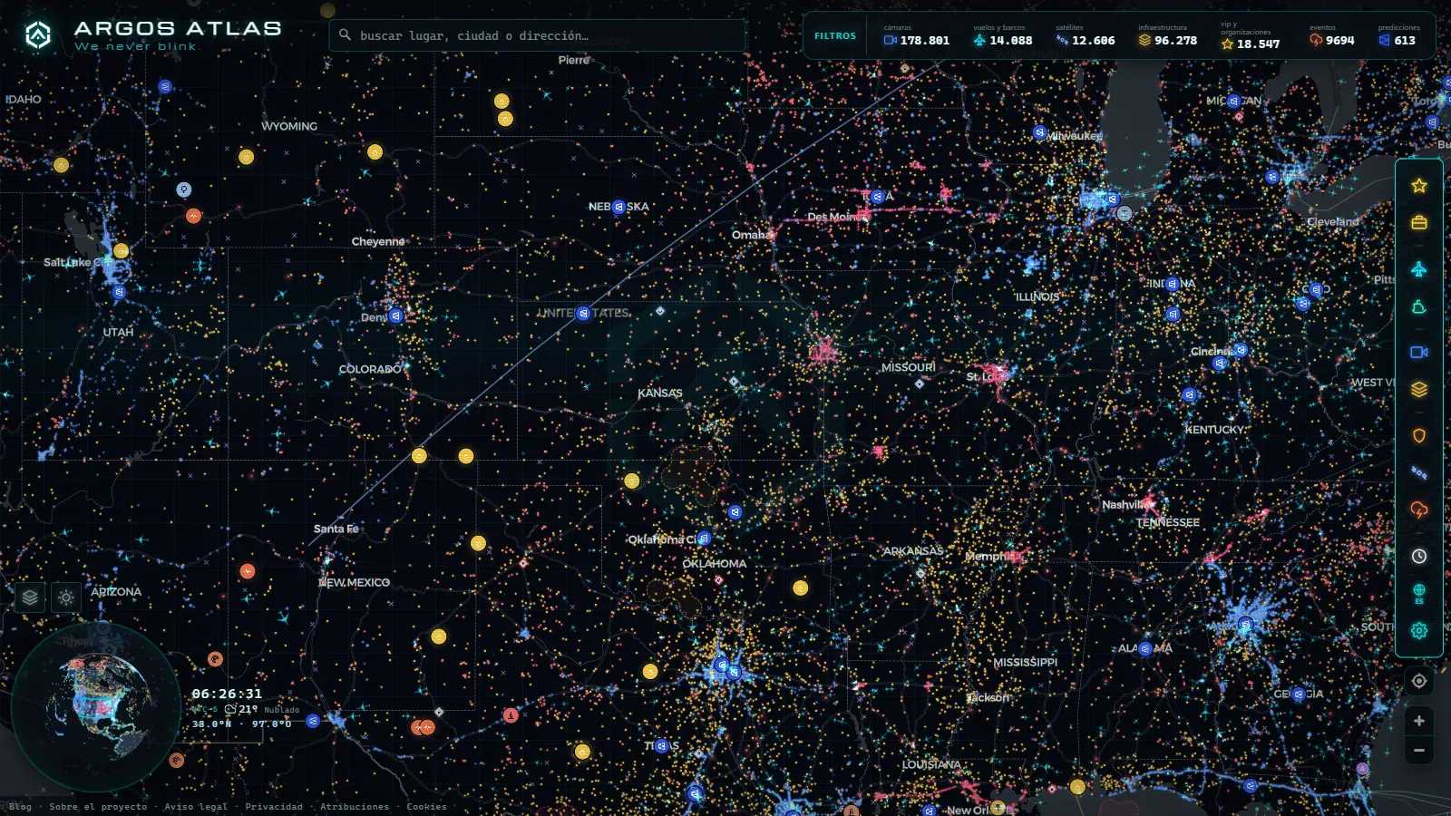 El mapa en vivo de ARGOS ATLAS sobre Estados Unidos