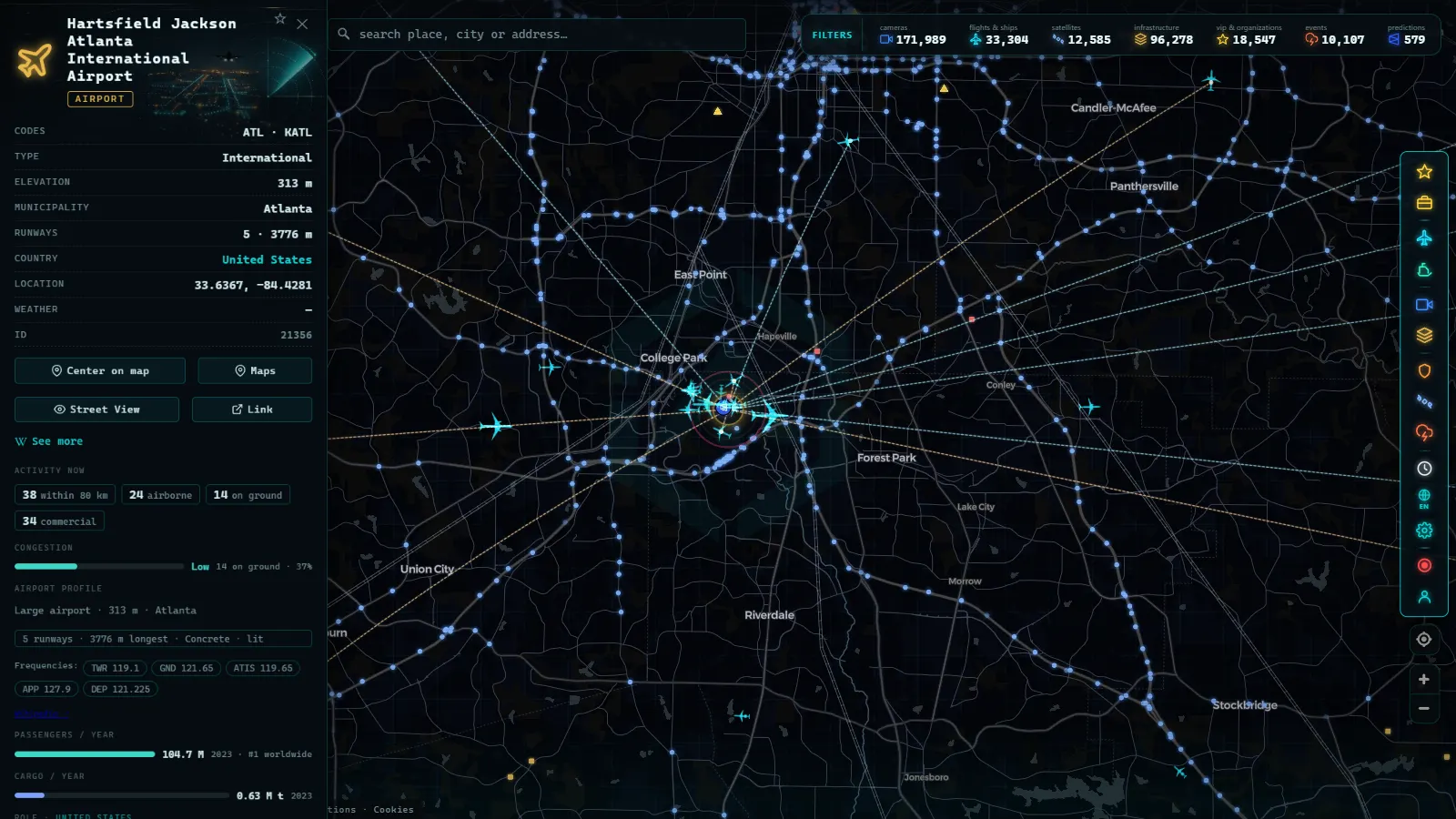 Detail card of Hartsfield Jackson Atlanta International Airport (Airport) on the ARGOS ATLAS map