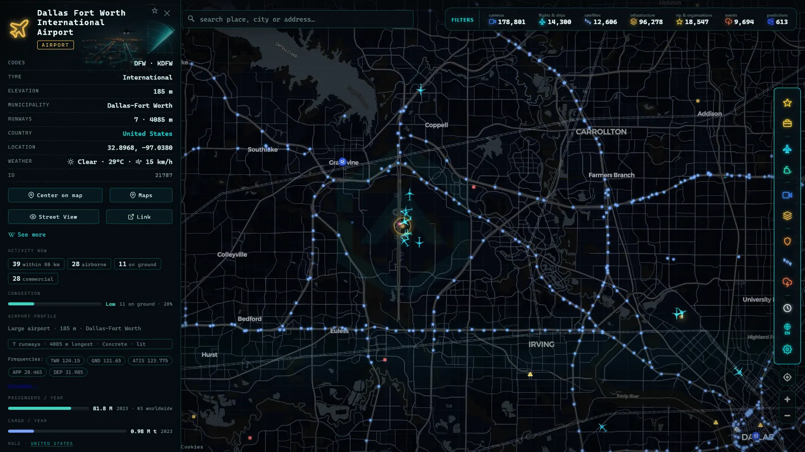 Detail card of Dallas Fort Worth International Airport (Airport) on the ARGOS ATLAS map