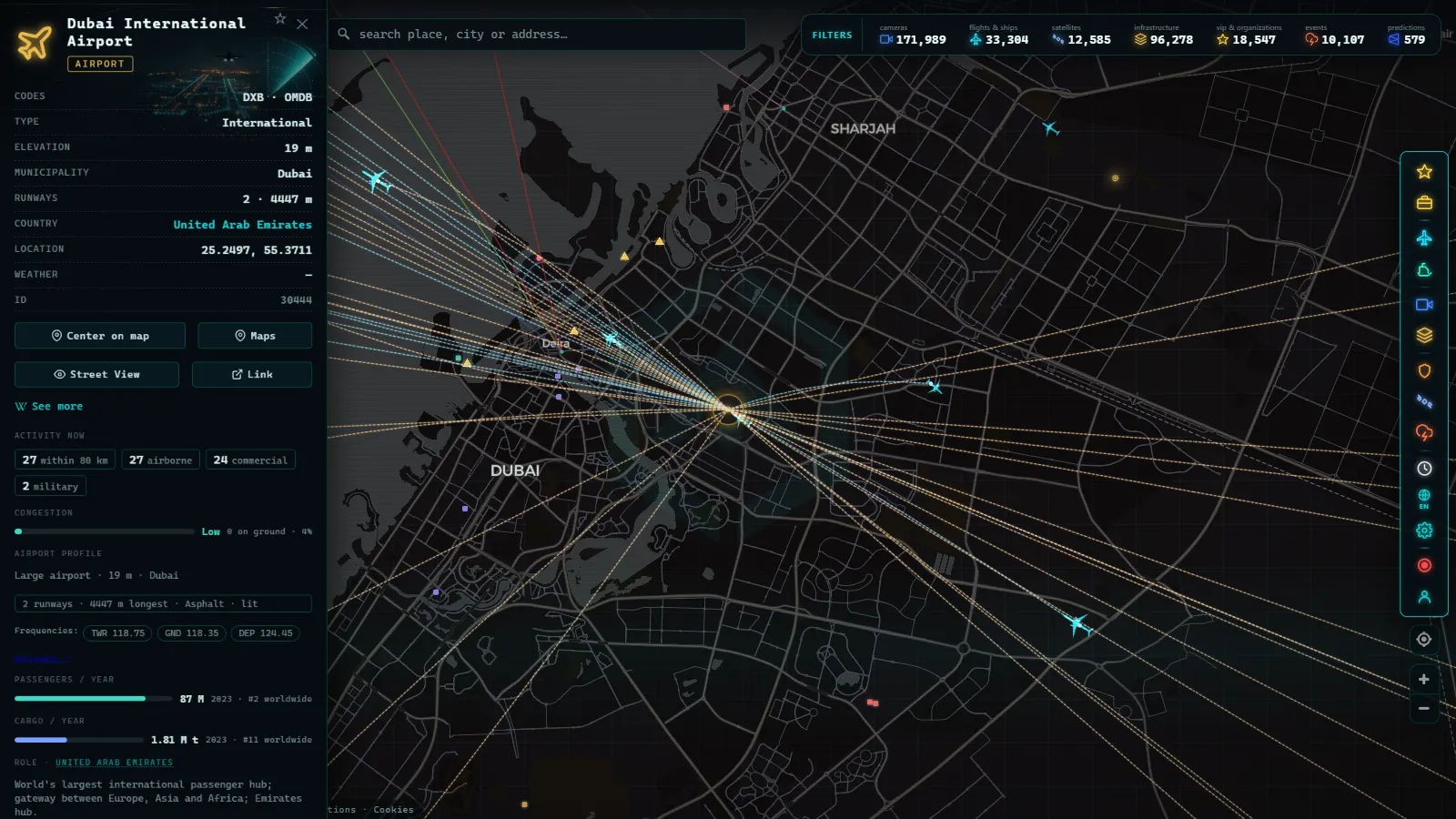 Detail card of Dubai International Airport (Airport) on the ARGOS ATLAS map