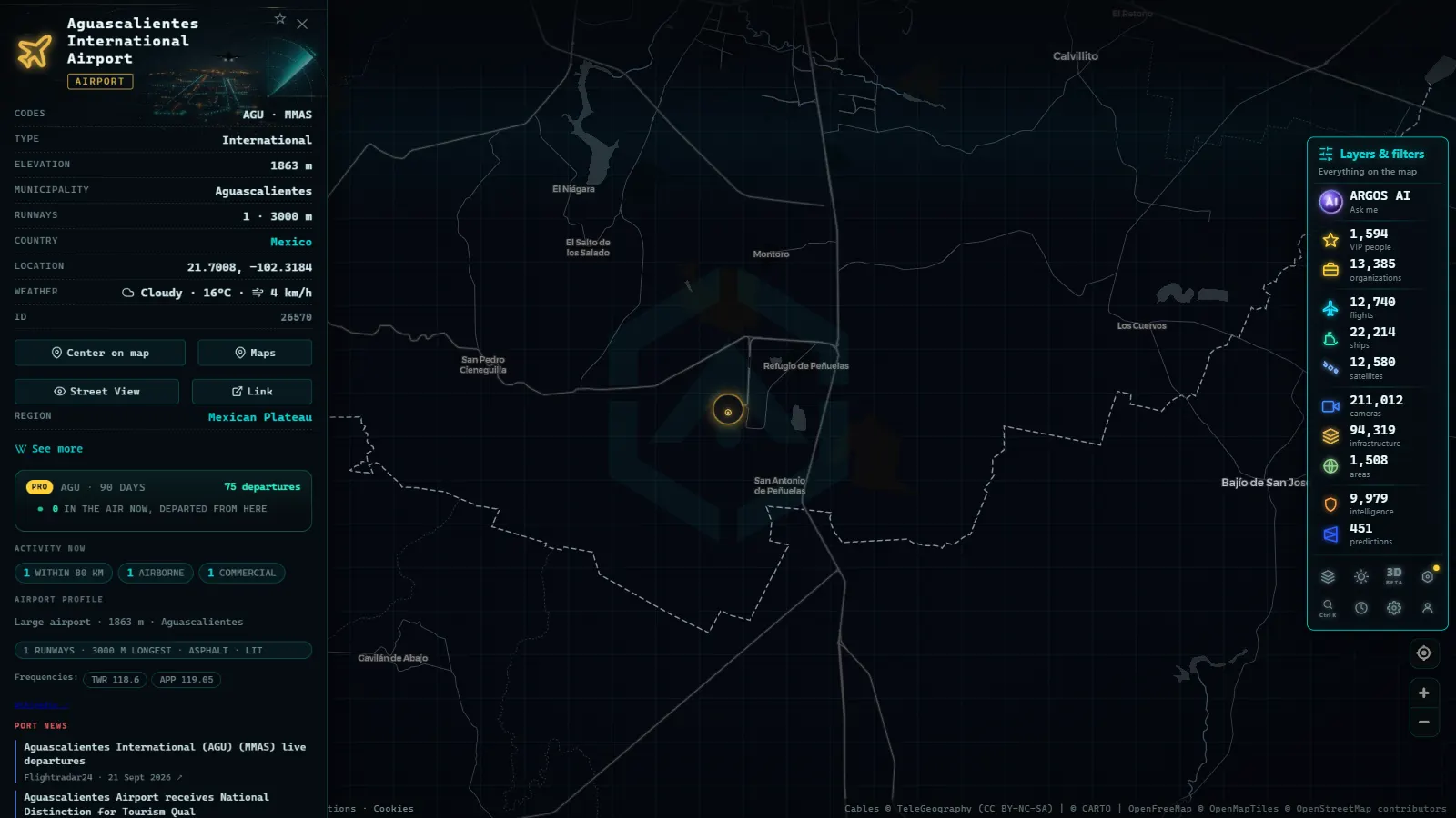 Detail card of Aguascalientes International Airport (Airport) on the ARGOS ATLAS map