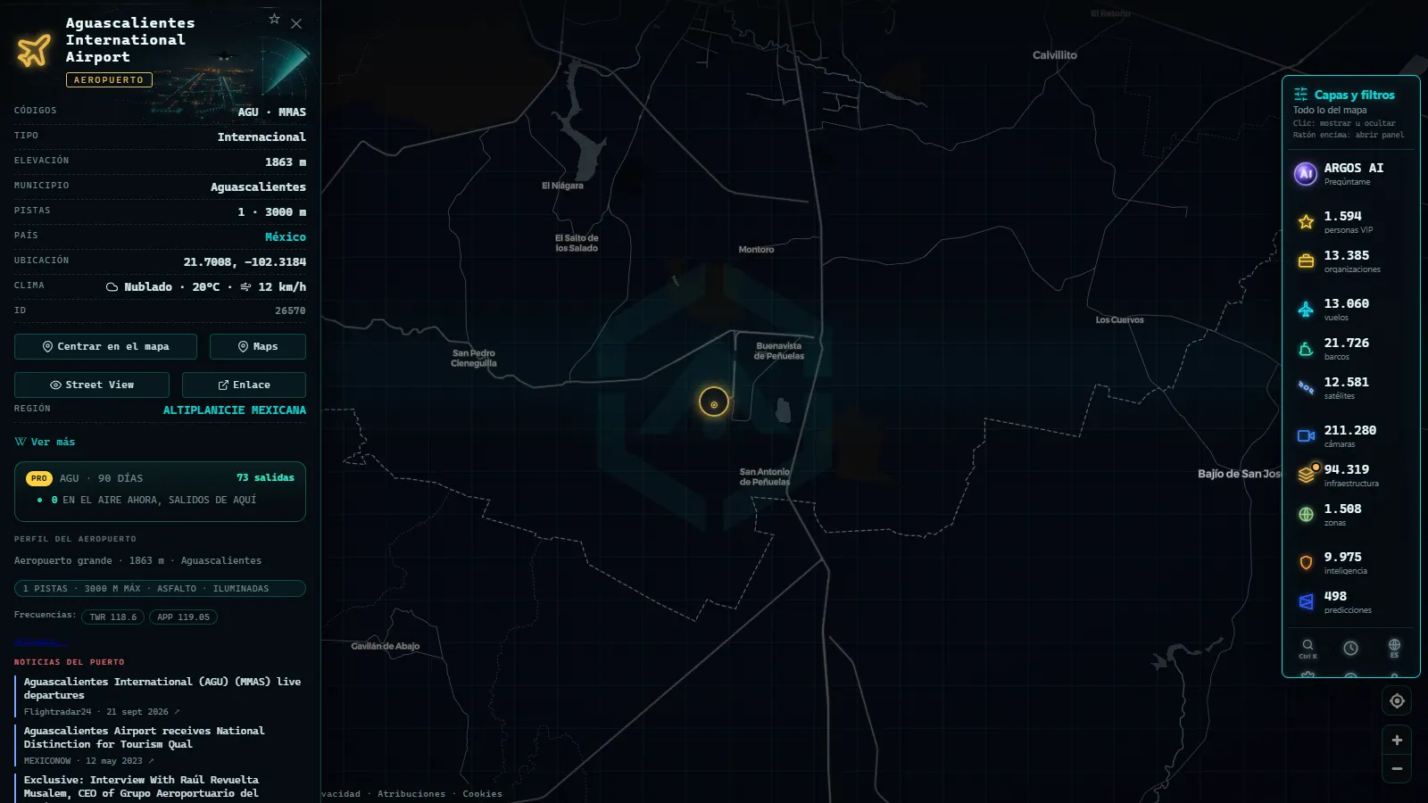 Ficha de Aguascalientes International Airport (Aeropuerto) en el mapa de ARGOS ATLAS