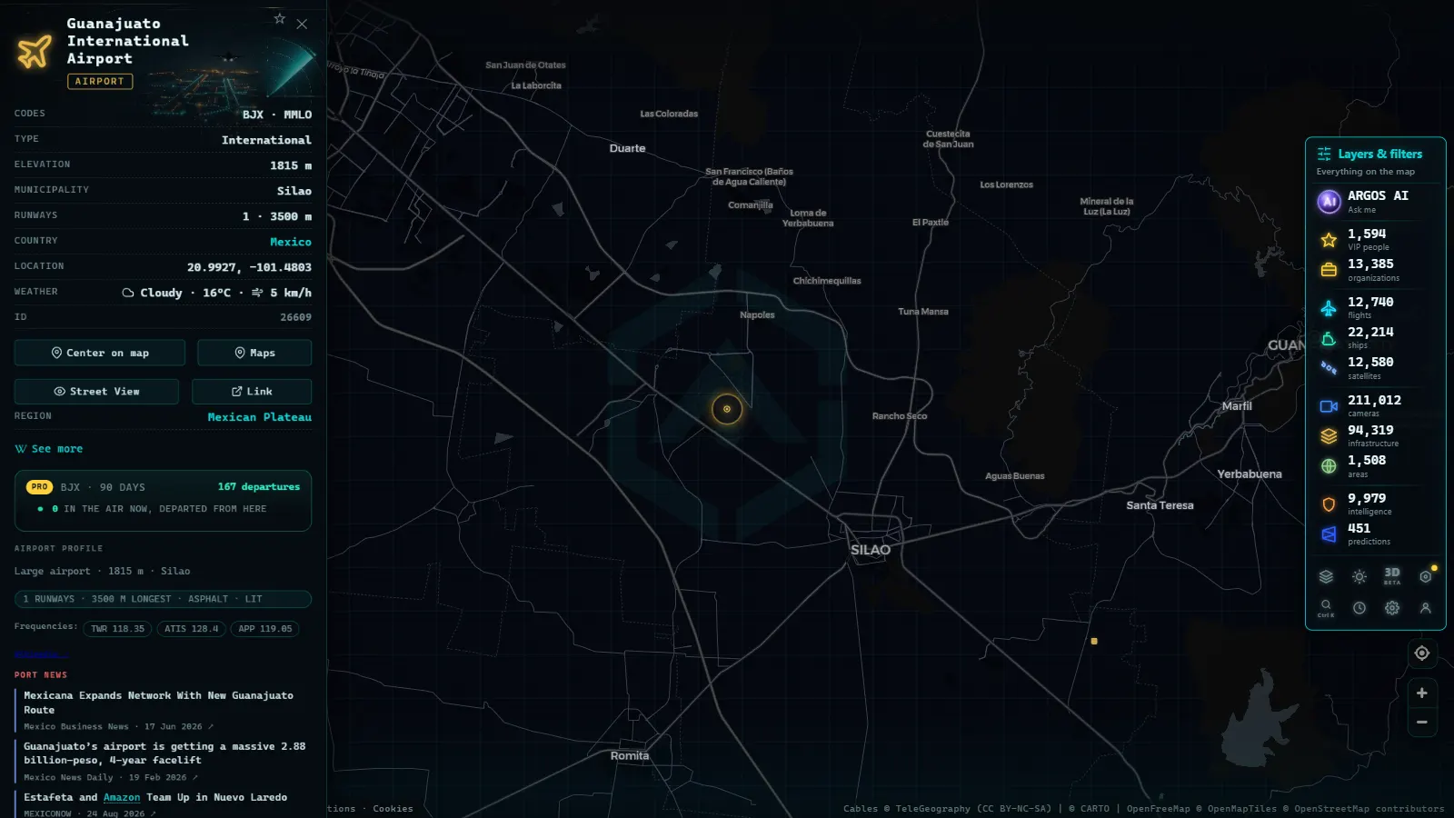 Detail card of Guanajuato International Airport (Airport) on the ARGOS ATLAS map