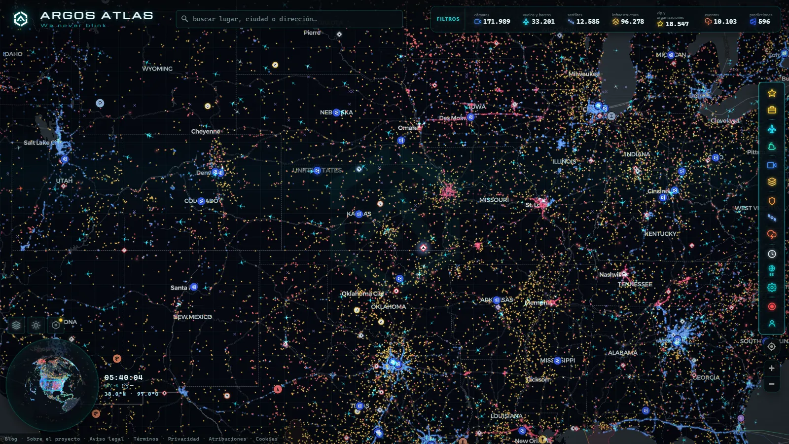 El mapa en vivo de ARGOS ATLAS sobre Estados Unidos