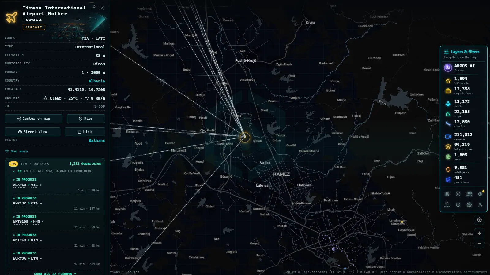 Detail card of Tirana International Airport Mother Teresa (Airport) on the ARGOS ATLAS map