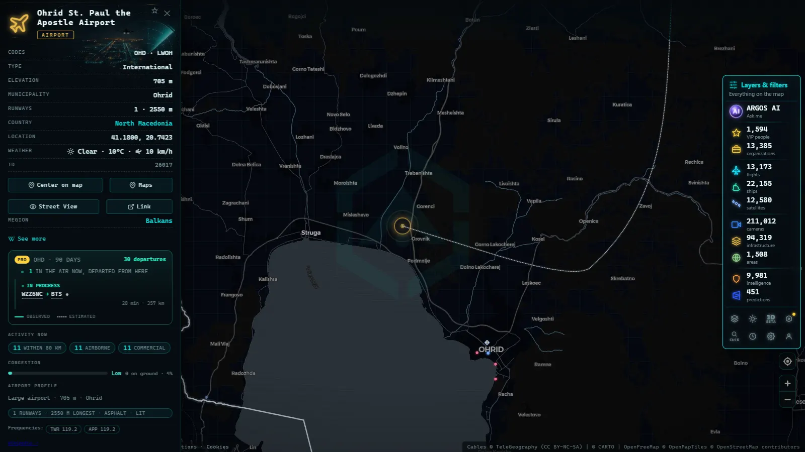 Detail card of Ohrid St. Paul the Apostle Airport (Airport) on the ARGOS ATLAS map