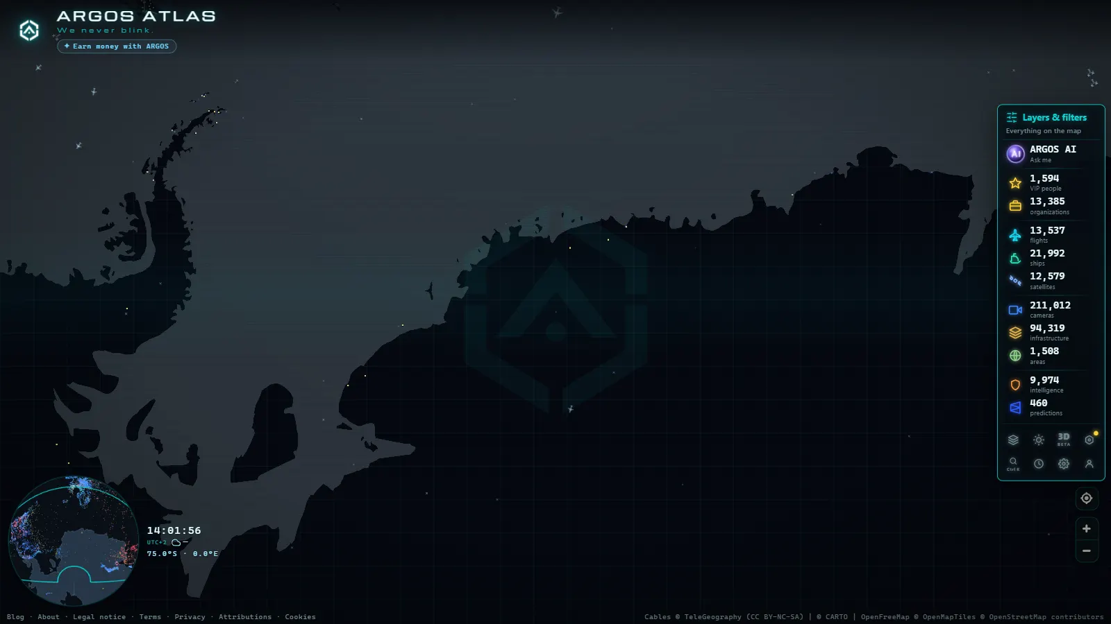 The ARGOS ATLAS live map over Antarctica
