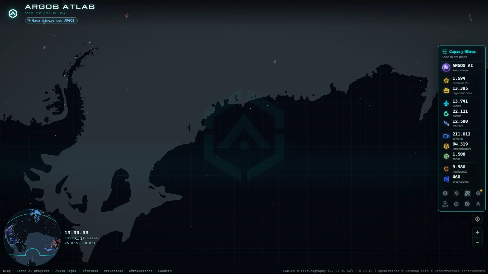 El mapa en vivo de ARGOS ATLAS sobre Antártida