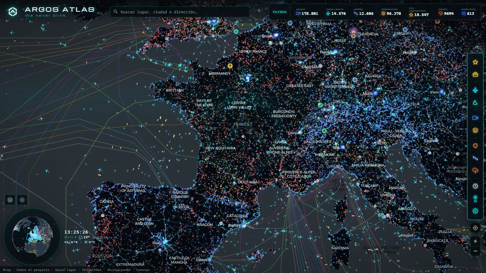 El mapa en vivo de ARGOS ATLAS sobre Francia