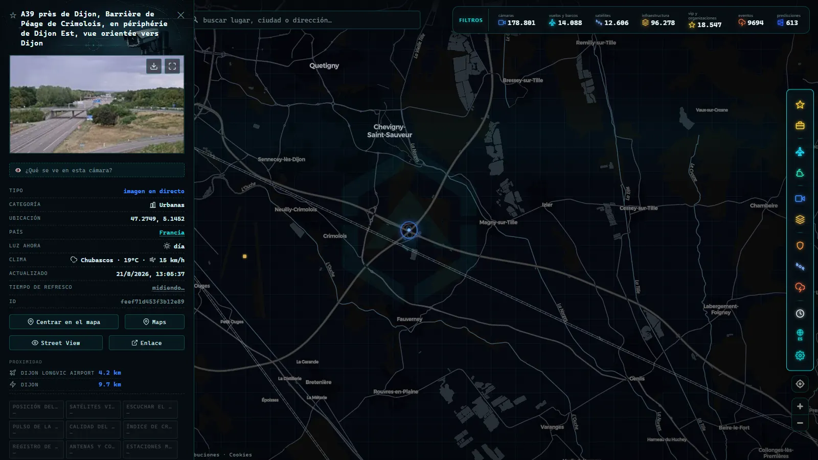 Ficha de A39 près de Dijon, Barrière de Péage de Crimolois, en périphérie de Dijon Est, vue orientée vers Dijon (Urbana) en el mapa de ARGOS ATLAS