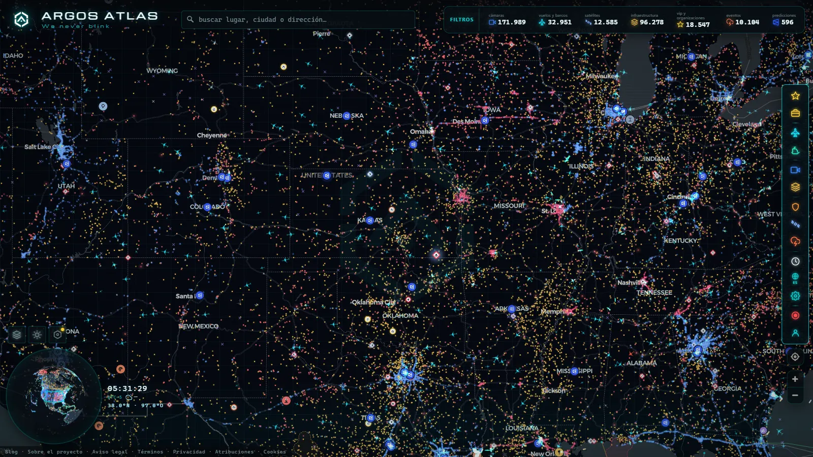 El mapa en vivo de ARGOS ATLAS sobre Estados Unidos