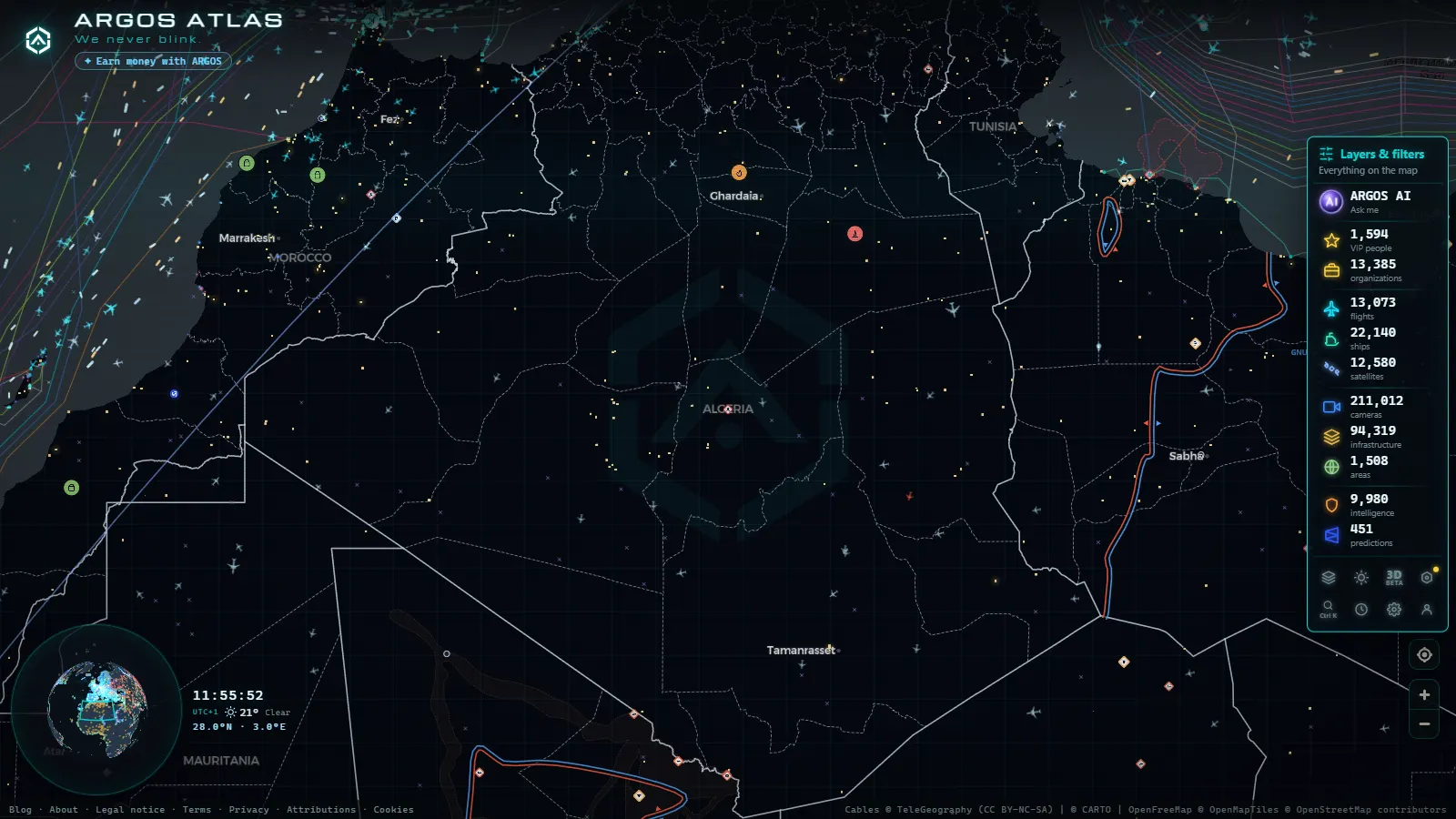 The ARGOS ATLAS live map over Algeria