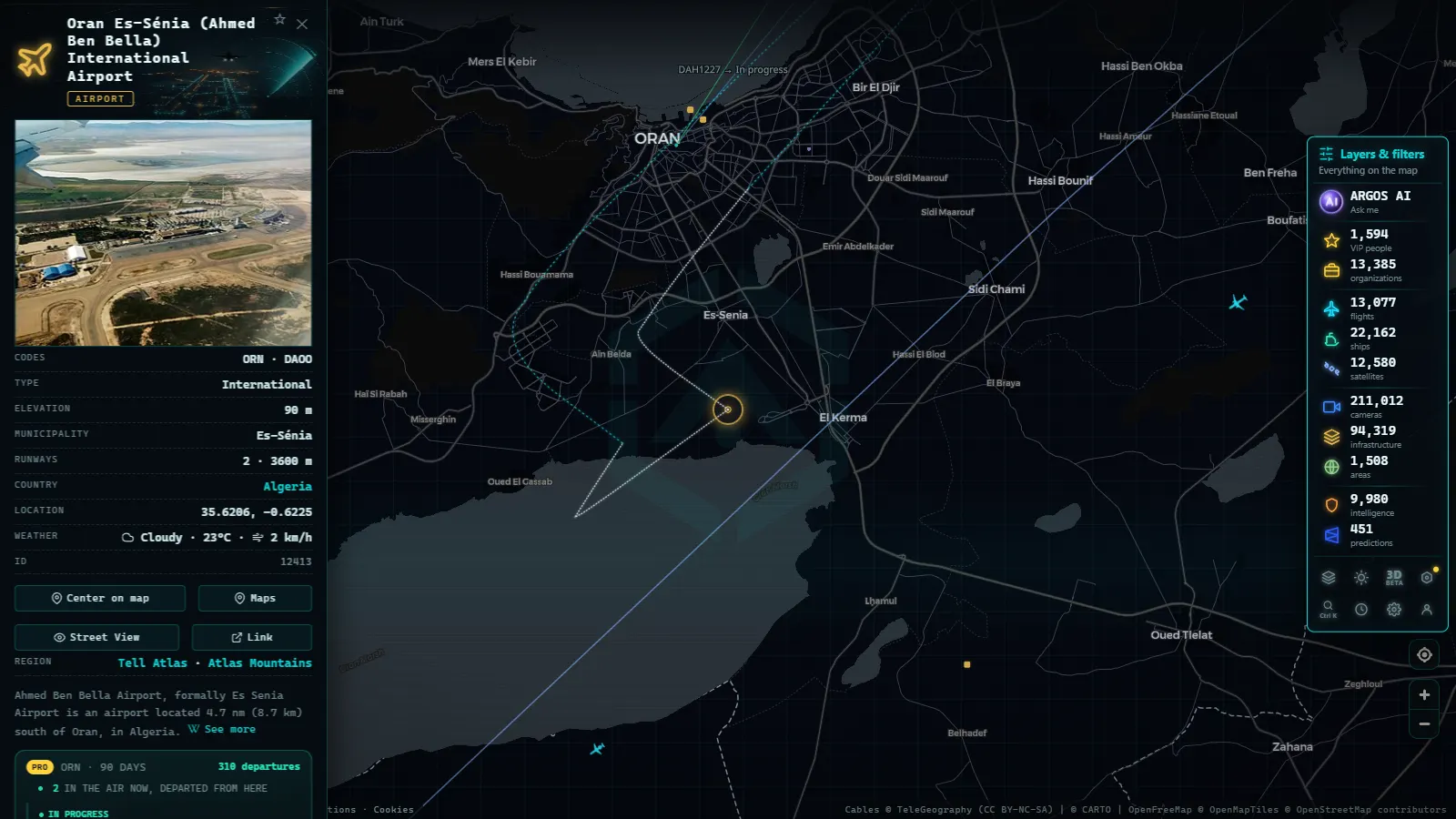 Detail card of Oran Es-Sénia (Ahmed Ben Bella) International Airport (Airport) on the ARGOS ATLAS map