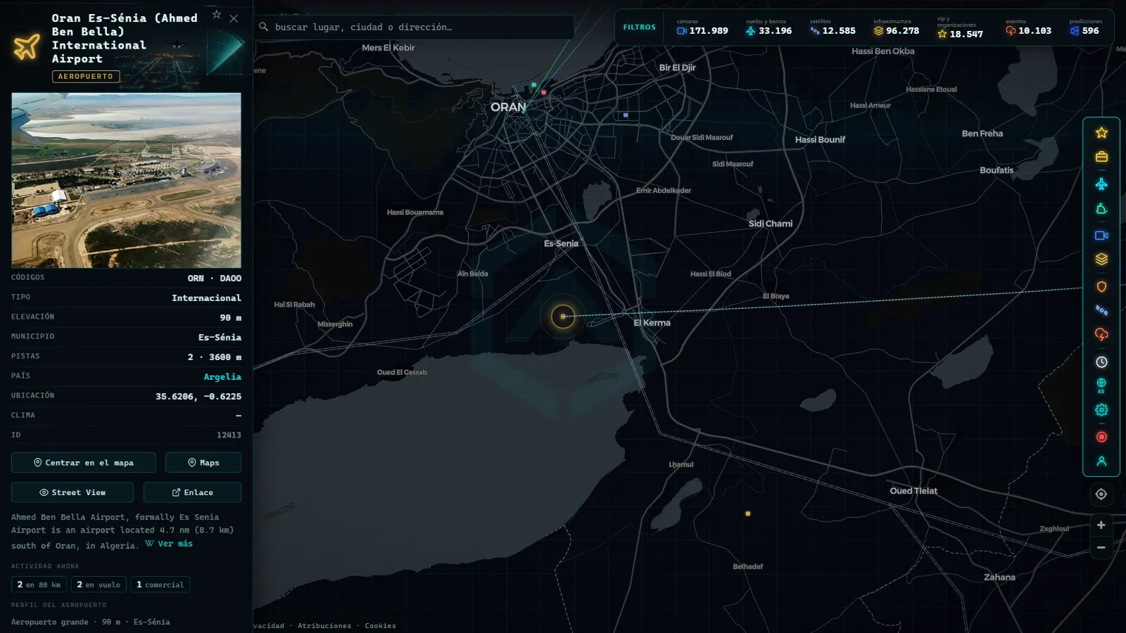 Ficha de Oran Es-Sénia (Ahmed Ben Bella) International Airport (Aeropuerto) en el mapa de ARGOS ATLAS