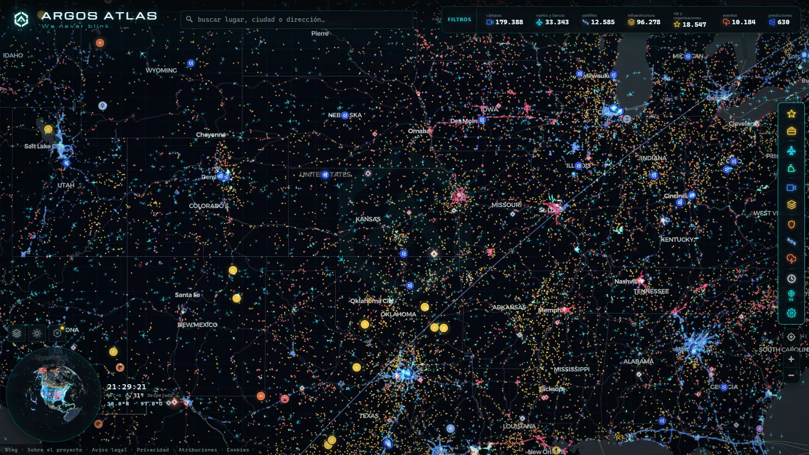 El mapa en vivo de ARGOS ATLAS sobre Estados Unidos