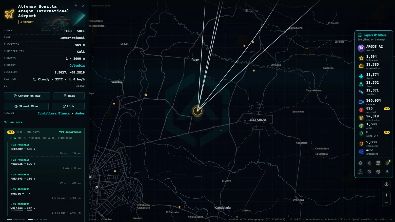 Detail card of Alfonso Bonilla Aragon International Airport (Airport) on the ARGOS ATLAS map