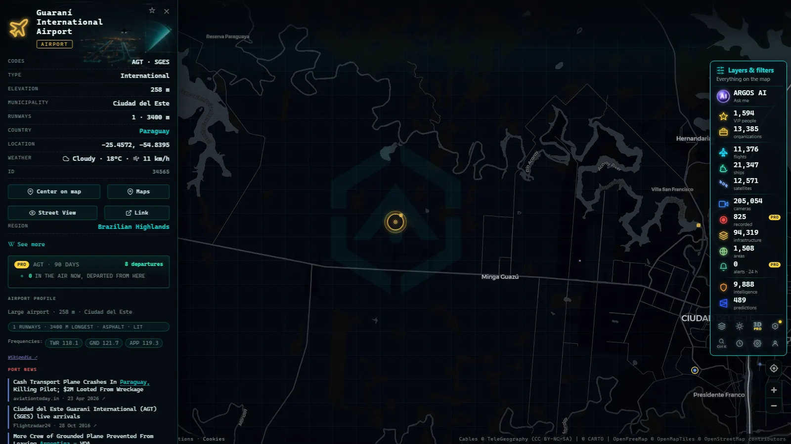 Detail card of Guaraní International Airport (Airport) on the ARGOS ATLAS map