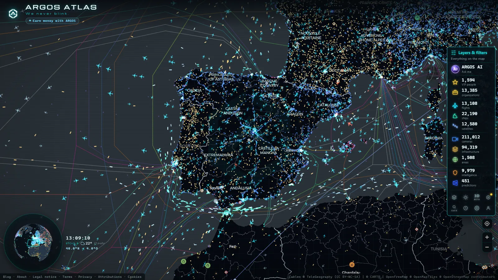The ARGOS ATLAS live map over Spain