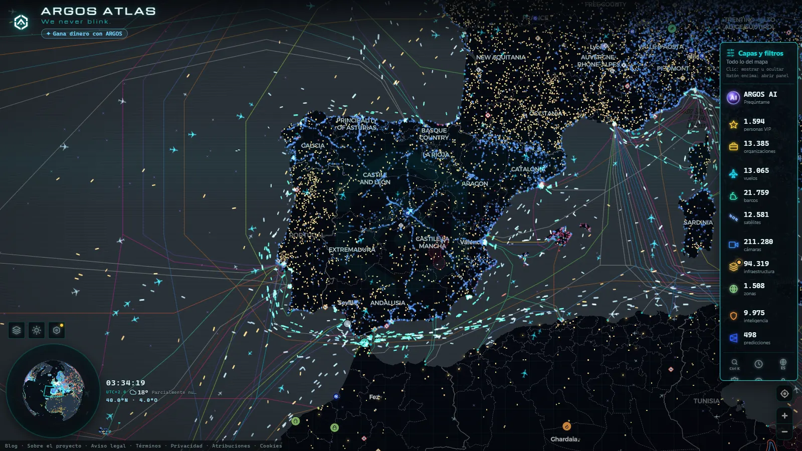 El mapa en vivo de ARGOS ATLAS sobre España