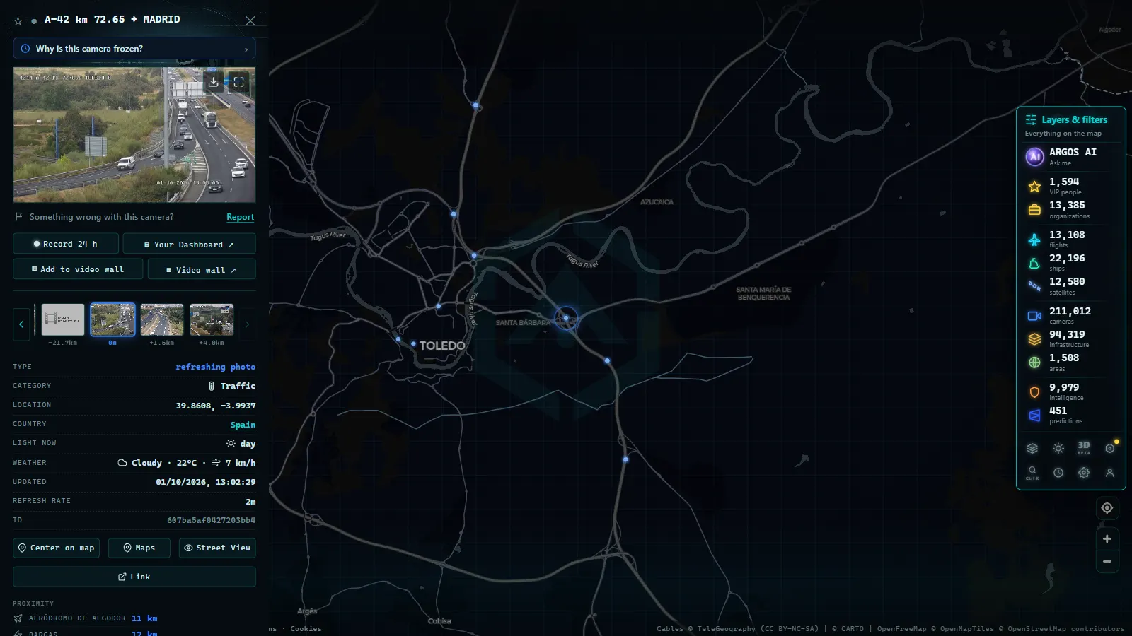 Detail card of A-42 km 72.65 → MADRID (Traffic) on the ARGOS ATLAS map