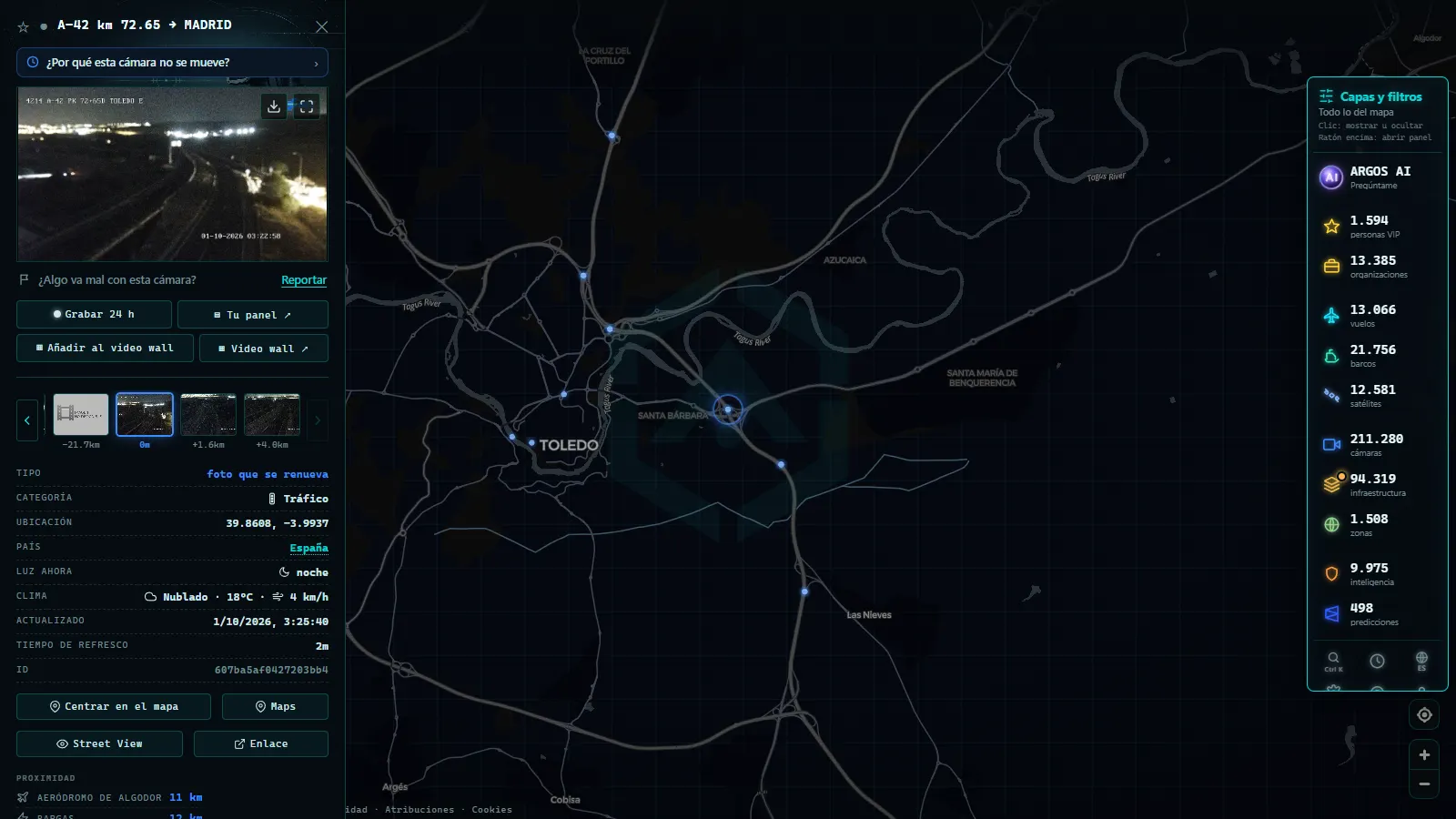 Ficha de A-42 km 72.65 → MADRID (Tráfico) en el mapa de ARGOS ATLAS