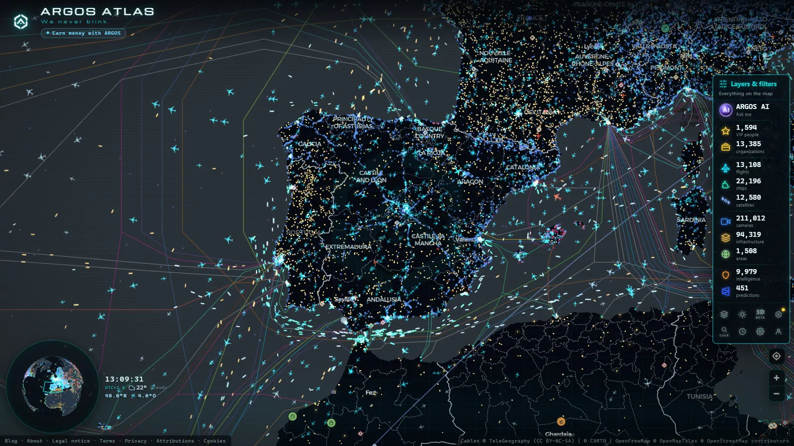 The ARGOS ATLAS live map over Spain