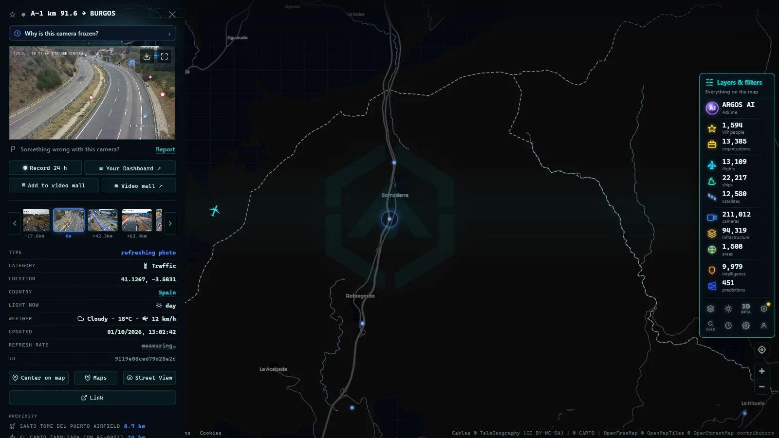 Detail card of A-1 km 91.6 → BURGOS (Traffic) on the ARGOS ATLAS map