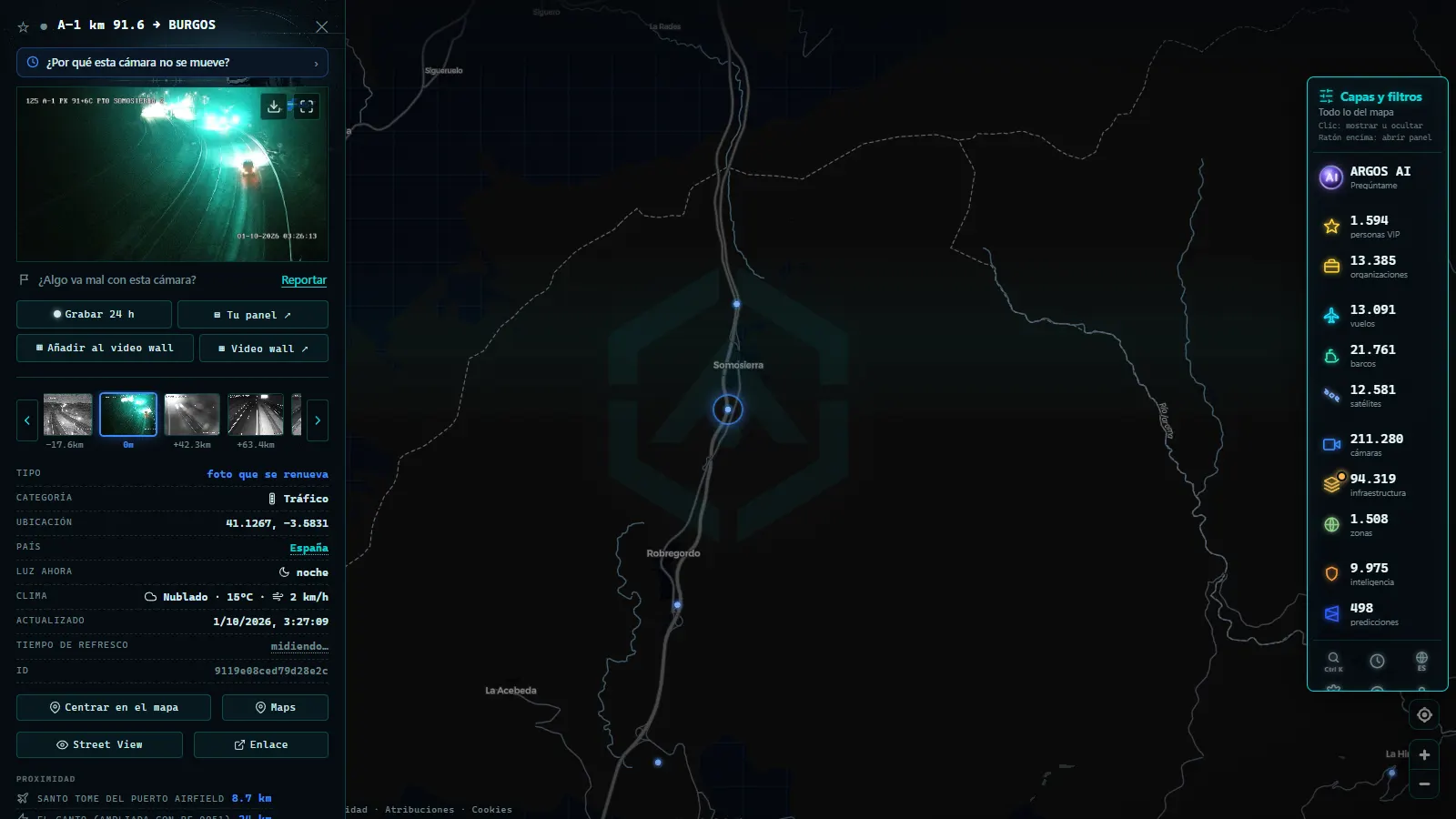 Ficha de A-1 km 91.6 → BURGOS (Tráfico) en el mapa de ARGOS ATLAS