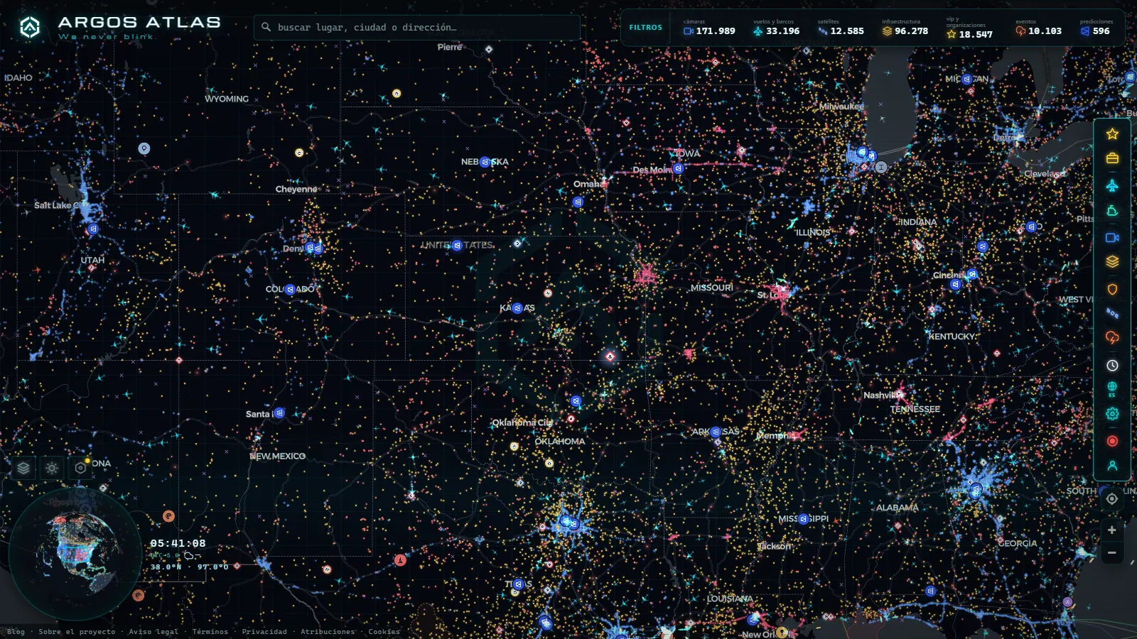 El mapa en vivo de ARGOS ATLAS sobre Estados Unidos
