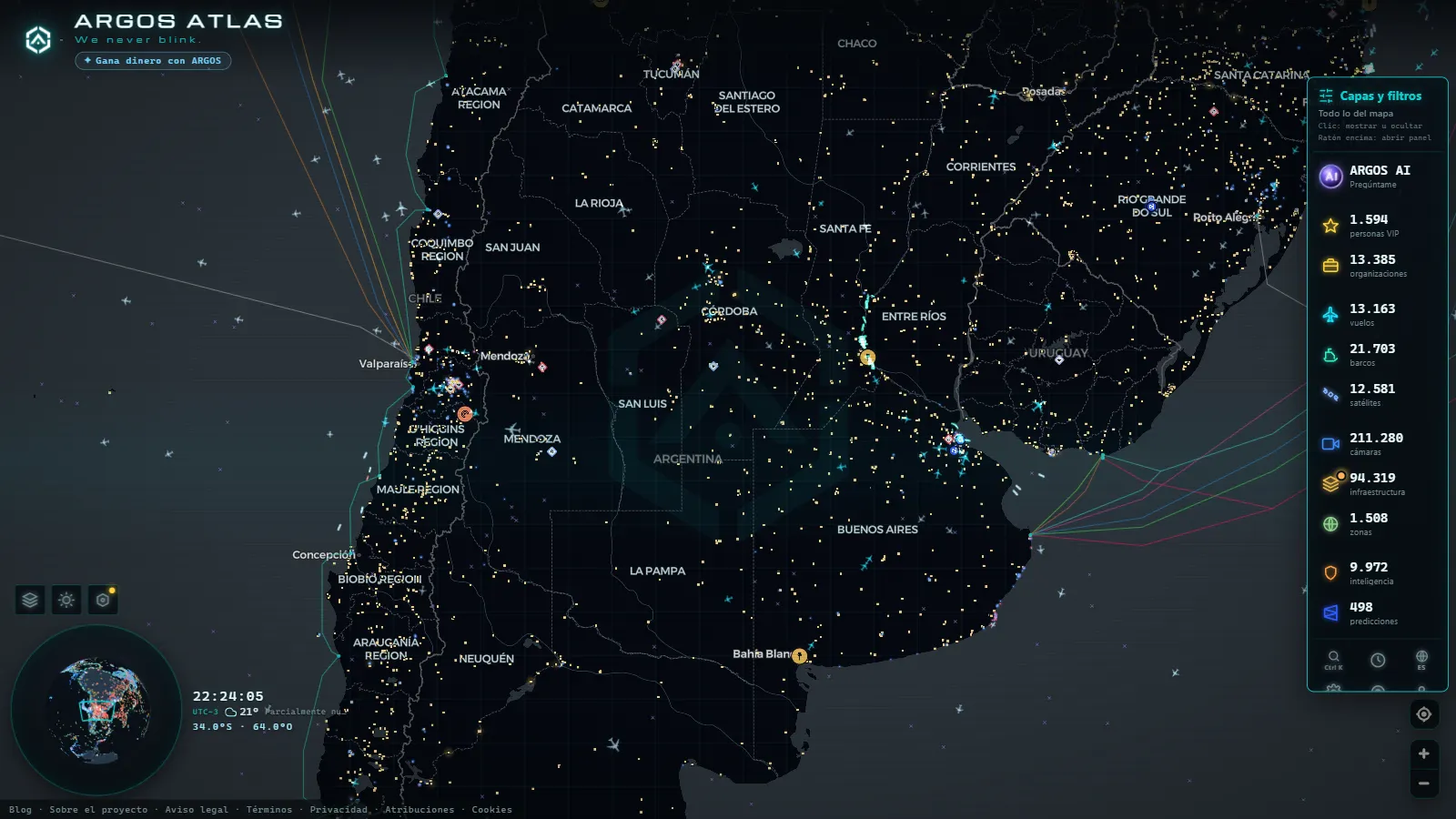El mapa en vivo de ARGOS ATLAS sobre Argentina