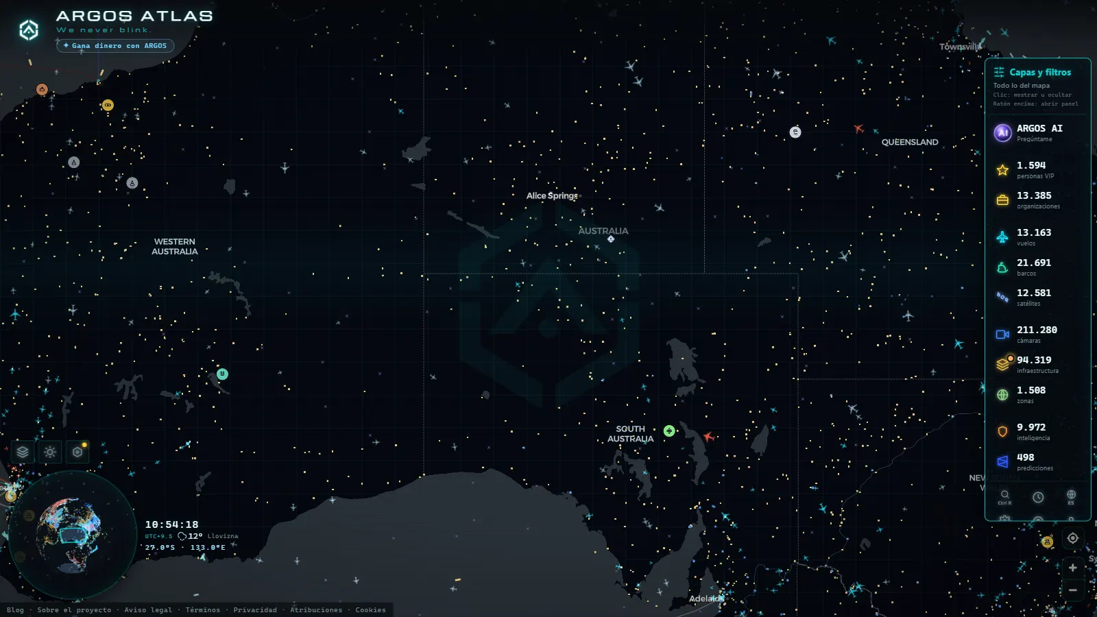El mapa en vivo de ARGOS ATLAS sobre Australia