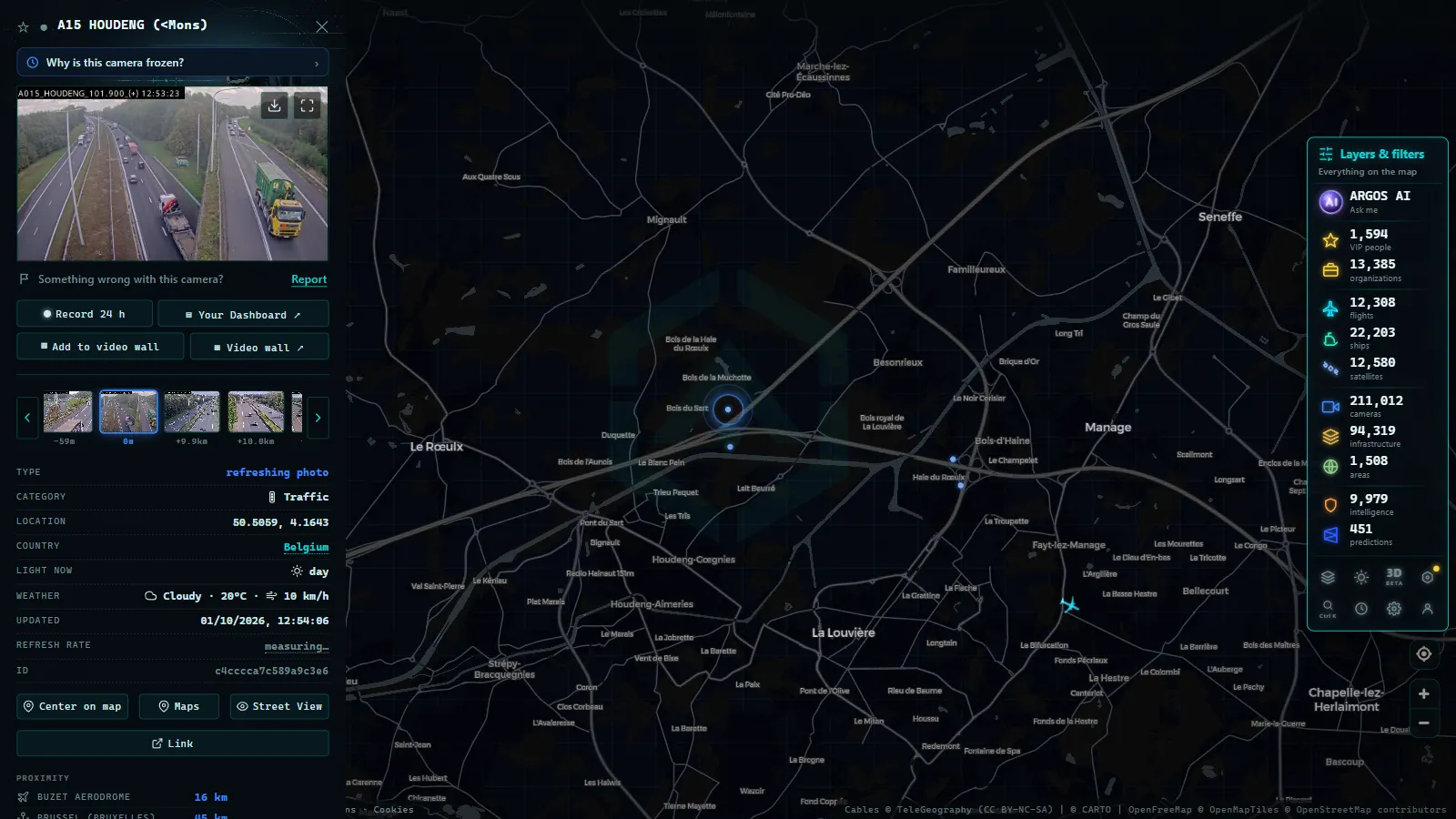 Detail card of A15 HOUDENG (<Mons) (Traffic) on the ARGOS ATLAS map