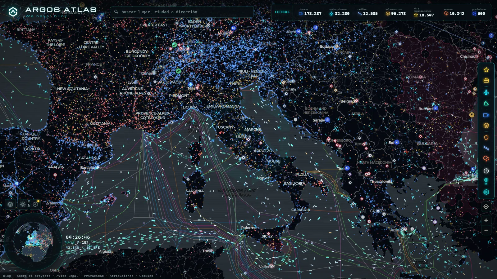 El mapa en vivo de ARGOS ATLAS sobre Italia