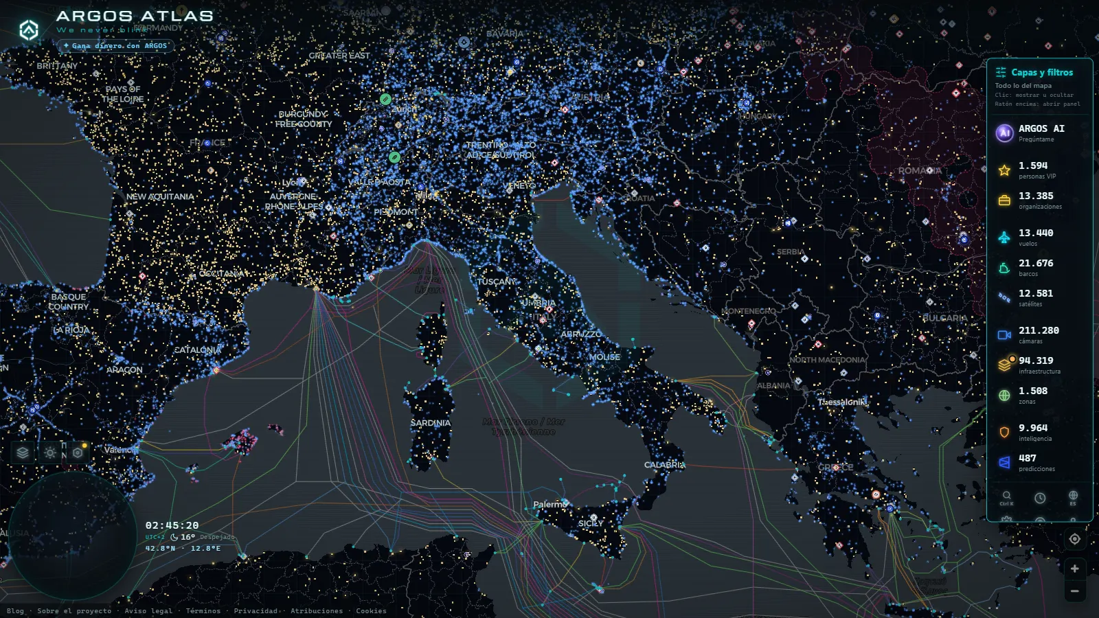 El mapa en vivo de ARGOS ATLAS sobre Italia