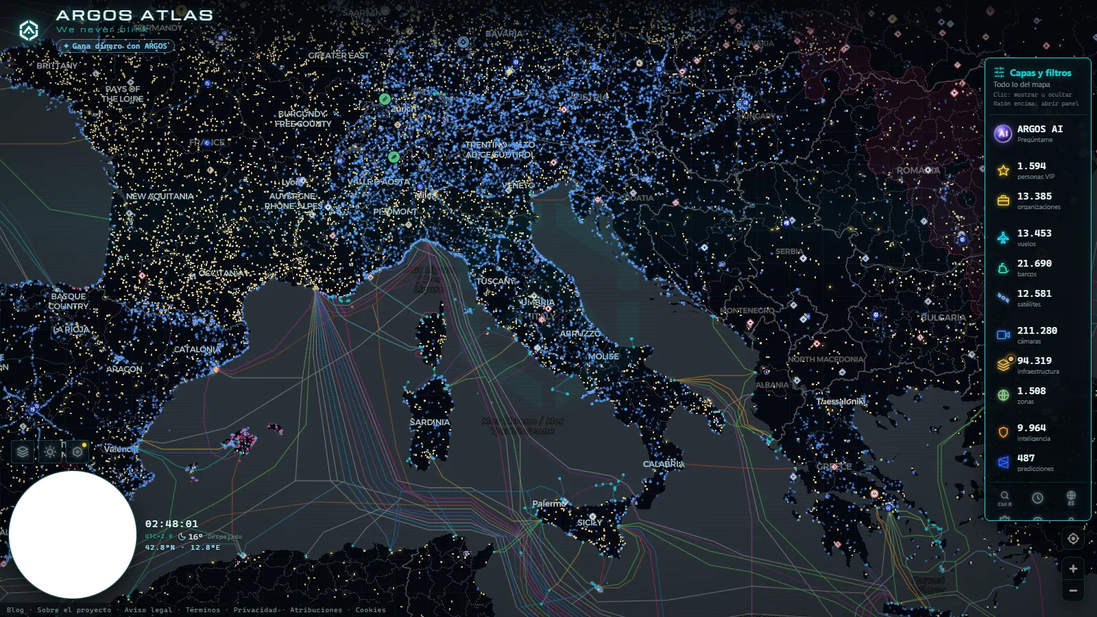 El mapa en vivo de ARGOS ATLAS sobre Italia
