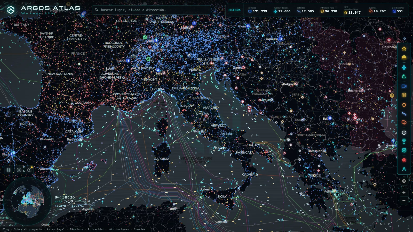 El mapa en vivo de ARGOS ATLAS sobre Italia